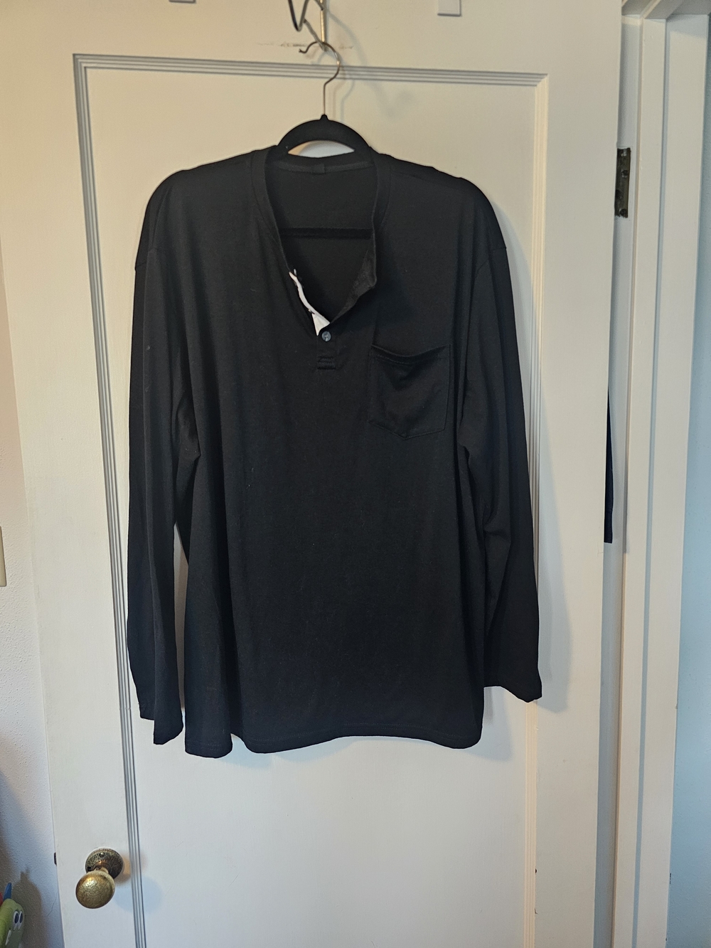 Men's Black Long-Sleeve Henley with Chest Pocket